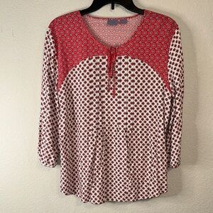 Laura Scott Red and White Graphic Blouse with Tie Front‎